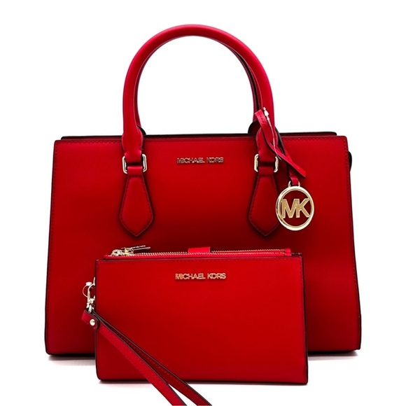 Michael Kors Sheila Medium Center Zip Satchel Bag & Large Double Zip Wallet Red - Picture 2 of 16